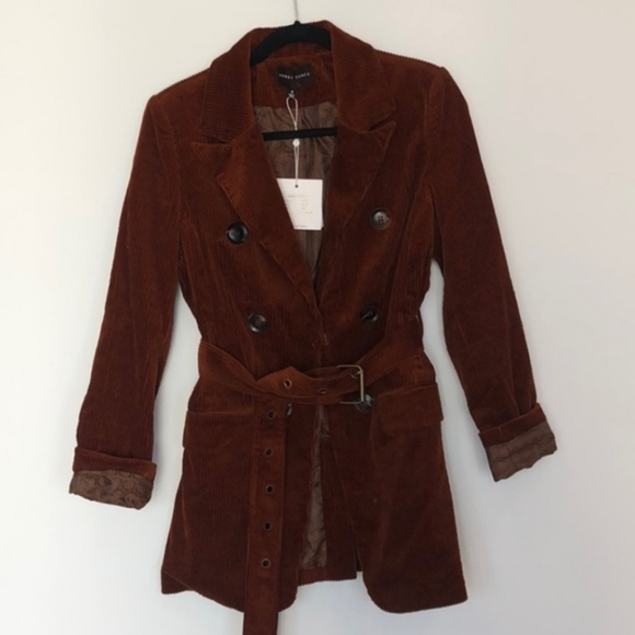 Amber Brown Belted Cord Trench Coat Jacket - Picture 7 of 8